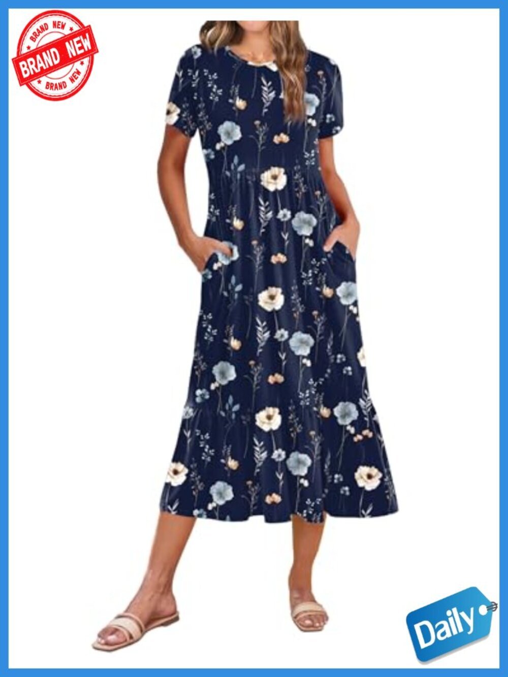 Casual A-Line Midi Dress with Pockets Tiered Flowy Beach Sundress